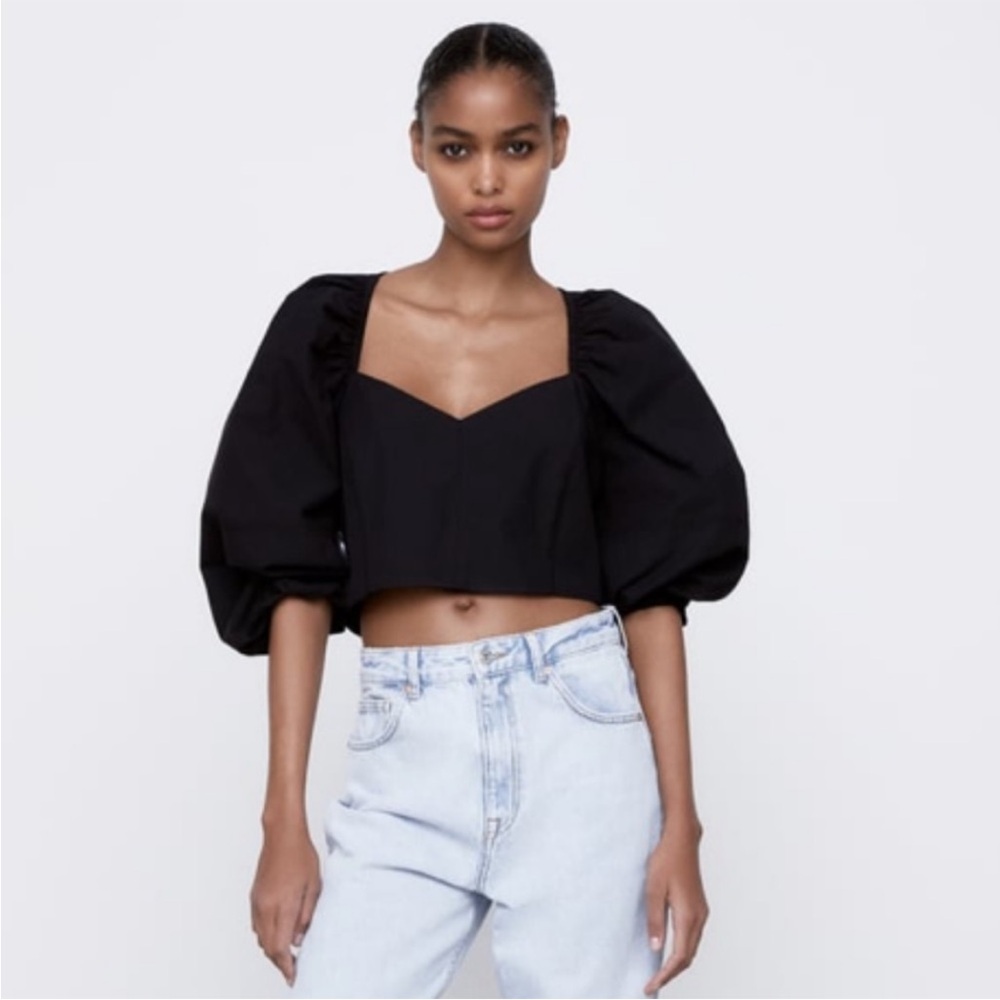 Black Puff-Sleeve Cropped Top - Women